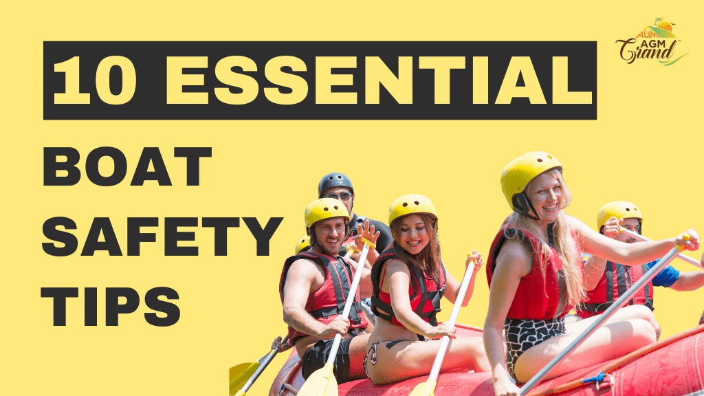 A group of people riding a raft on a yellow background with the text "10 ESSENTIAL BOAT SAFETY TIPS". The image is used to promote a blog post about 10 essential boat safety tips.