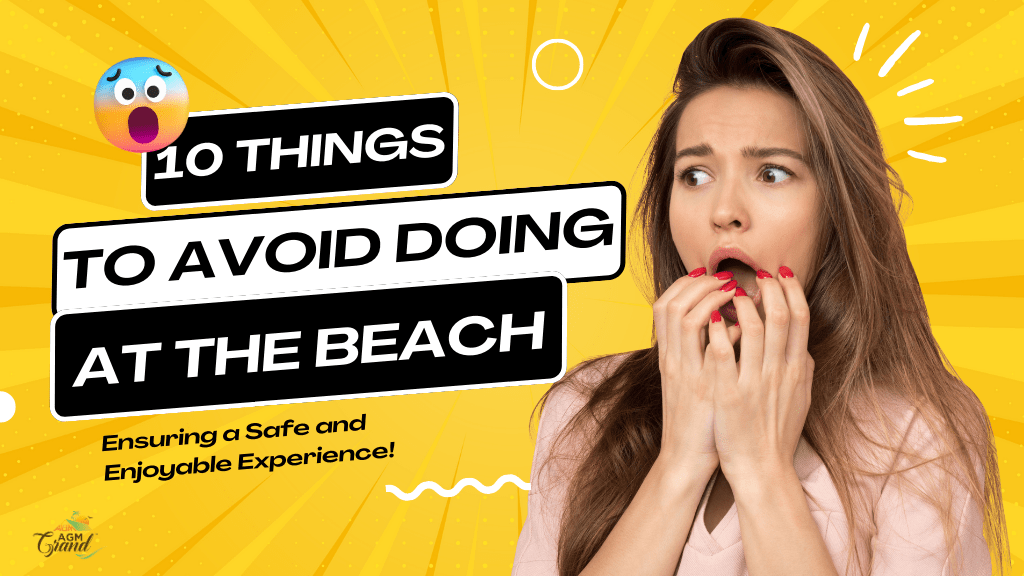 A photo of a woman covering her mouth with her hands. The text "10 THINGS TO AVOID DOING AT THE BEACH" is visible in the image. The image is used to promote a blog post about 10 things to avoid doing at the beach.