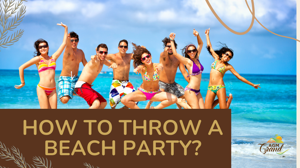 A photo of a group of people having a beach party with a bonfire, umbrellas, and beach chairs. The image is used to promote an article about how to throw a beach party, and the text "How to Throw a Beach Party: The Ultimate Guide" is visible in the image.