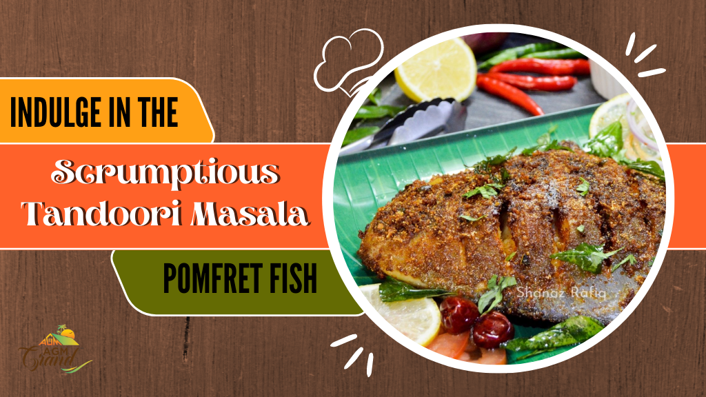 A photo of a delicious plate of Tandoori Masala Pomfret Fish, a popular Indian dish. The fish is cooked in a tandoori oven and marinated in a blend of spices, including turmeric, coriander, cumin, and chili peppers. The dish is served with rice and vegetables.