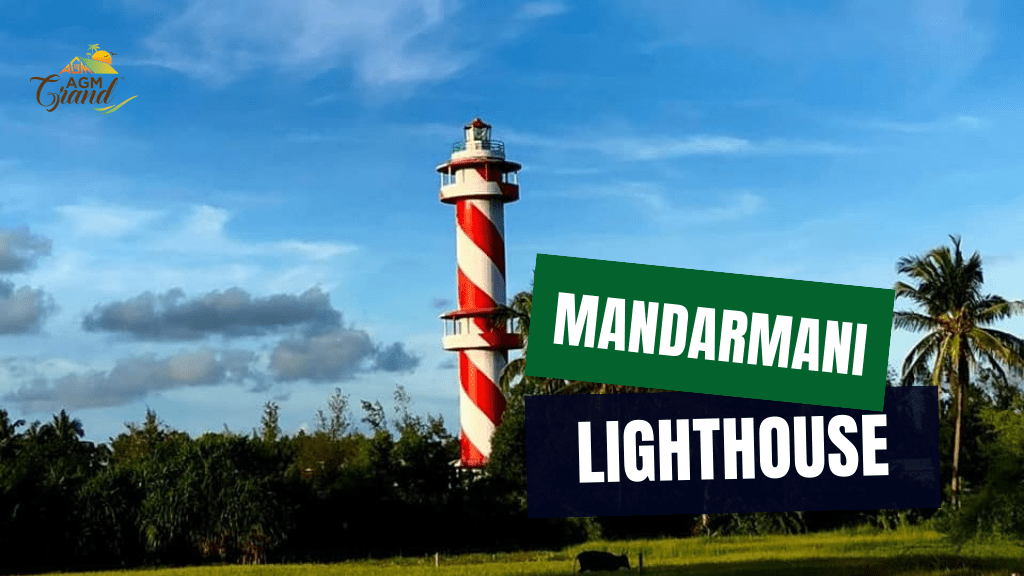 A photo of the Mandarmani Lighthouse in Kerala, India. The lighthouse is a red and white structure located in the middle of a field. The field is green and there are palm trees in the background. The text "Mandarmani Lighthouse" and "Thangkassery Light House" are also visible in the image.