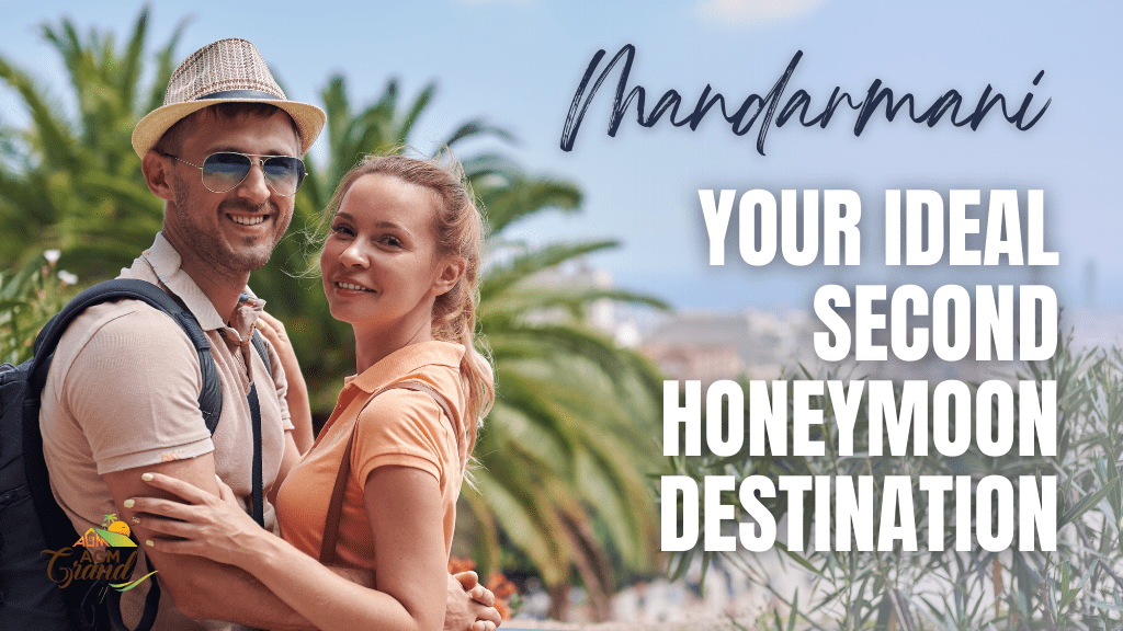 A photo of a couple sitting on a beach in Mandarmani, West Bengal, India. The couple is holding hands and looking out at the ocean. The sun is setting in the background, casting a golden glow on the beach. The text "Mandarmani: Your Ideal Second Honeymoon Destination" is also visible in the image.