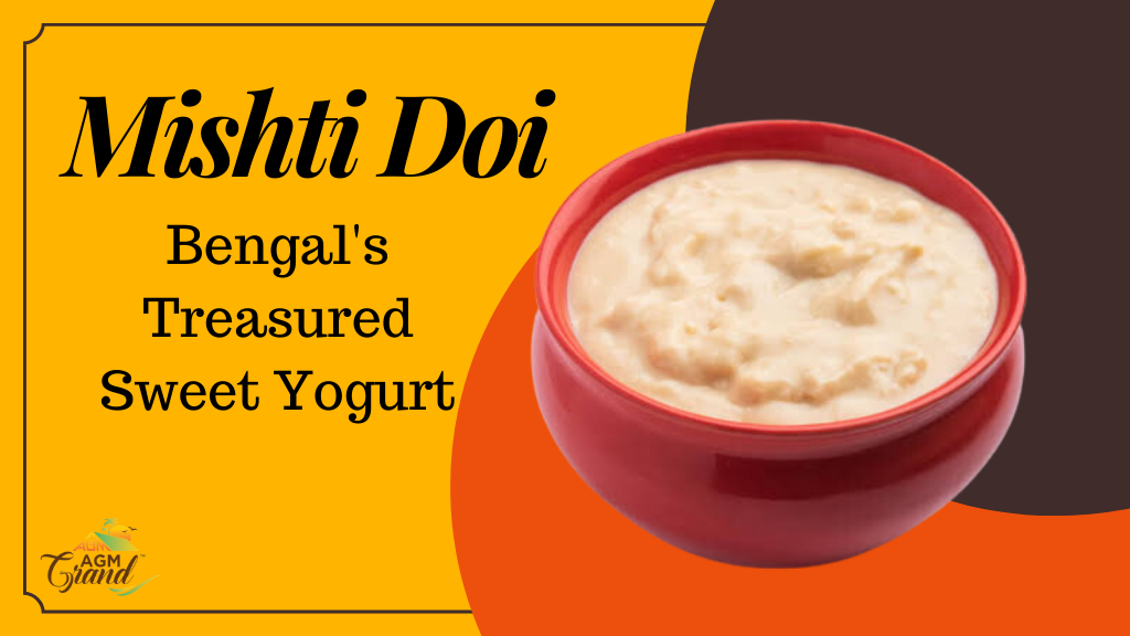 A photo of a bowl of Mishti Doi, a traditional Bengali sweet yogurt. The yogurt is made with milk, sugar, and curd, and it is flavored with cardamom and saffron. The image is used to promote the dish Mishti Doi, and to highlight the delicious and delicate flavors of this Bengali dessert.