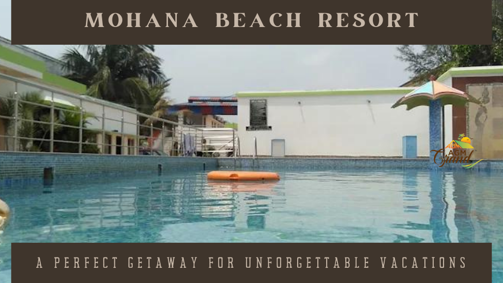 A photo of a swimming pool at Mohana Beach Resort in Mandarmani, West Bengal, India. The pool is surrounded by palm trees and lush greenery. The image shows the resort's logo, which is a sun and waves, and the text "Mohana Beach Resort: A Perfect Getaway for Relaxation and Fun".