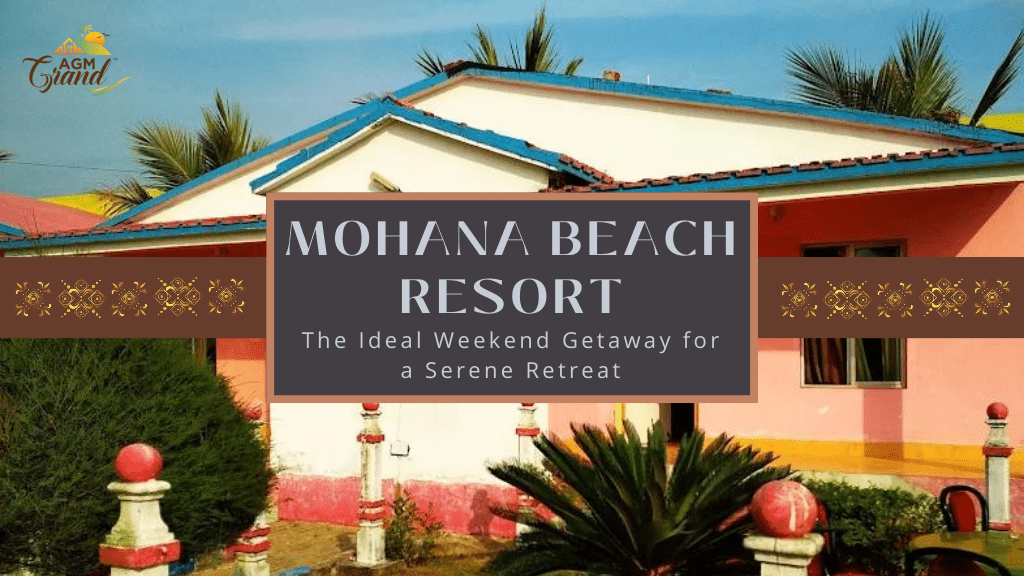 A photo of a beach resort in Mandarmani, West Bengal, India. The resort is called Mohana Beach Resort, and it is located on a stretch of white sand beach. The image shows the resort's logo, which is a sun and waves. The text "Mohana Beach Resort: The Ideal Weekend Getaway for a Serene Retreat" is also visible in the image.
