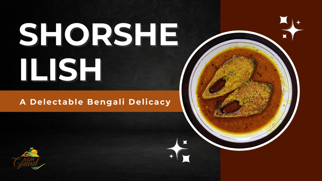 A photo of a plate of shorshe ilish, a Bengali dish made with Hilsa fish cooked in a mustard sauce. The fish is cooked until it is flaky and tender, and the sauce is flavorful and spicy. The image is used to promote the dish shorshe ilish, and to highlight the delicious and unique flavors of this Bengali dish.