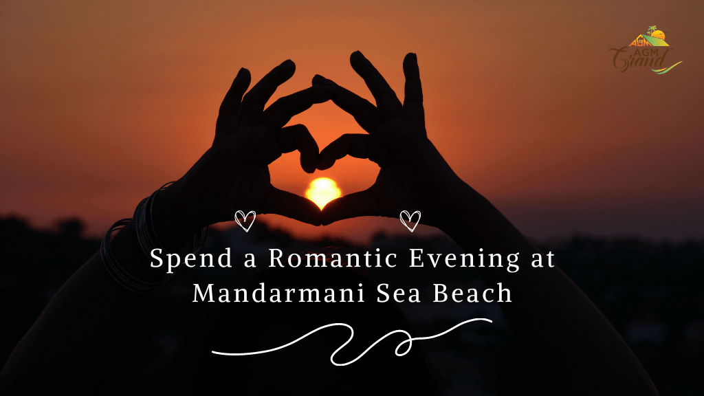 A photo of a couple sitting on the beach at sunset. The couple is holding hands and looking out at the ocean. The sky is ablaze with orange and pink hues. The text "Spend a Romantic Evening at Mandarmani Sea Beach" is visible in the image.