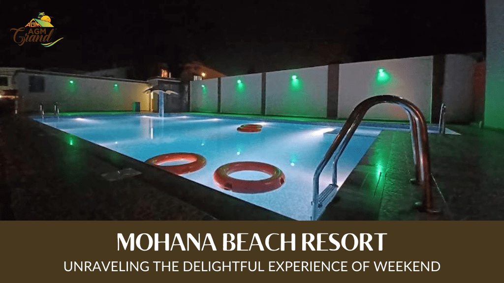 A photo of a swimming pool at Mohana Beach Resort in Mandarmani, West Bengal, India. The pool is surrounded by palm trees and lush greenery. The image shows the resort's logo, which is a sun and waves. The text "Mohana Beach Resort: Unraveling the Delightful Experience of Weekend" is also visible in the image.